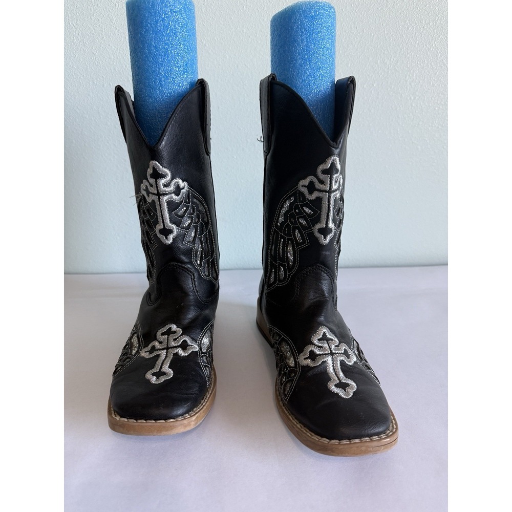 Blazin Roxx Girls Western Cowgirl Boots Glittery Silver Wings Cross Design Sz 1